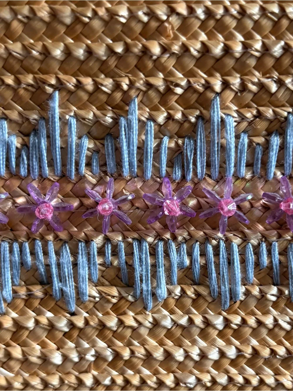 Y2K Woven Straw Tote with blue embroidery & pink beaded accents NWOT